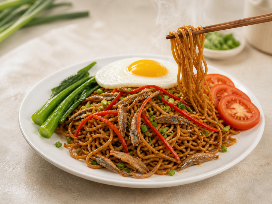 HappiMee cooked noodle meal with egg, vegetables and crispy ikan bilis